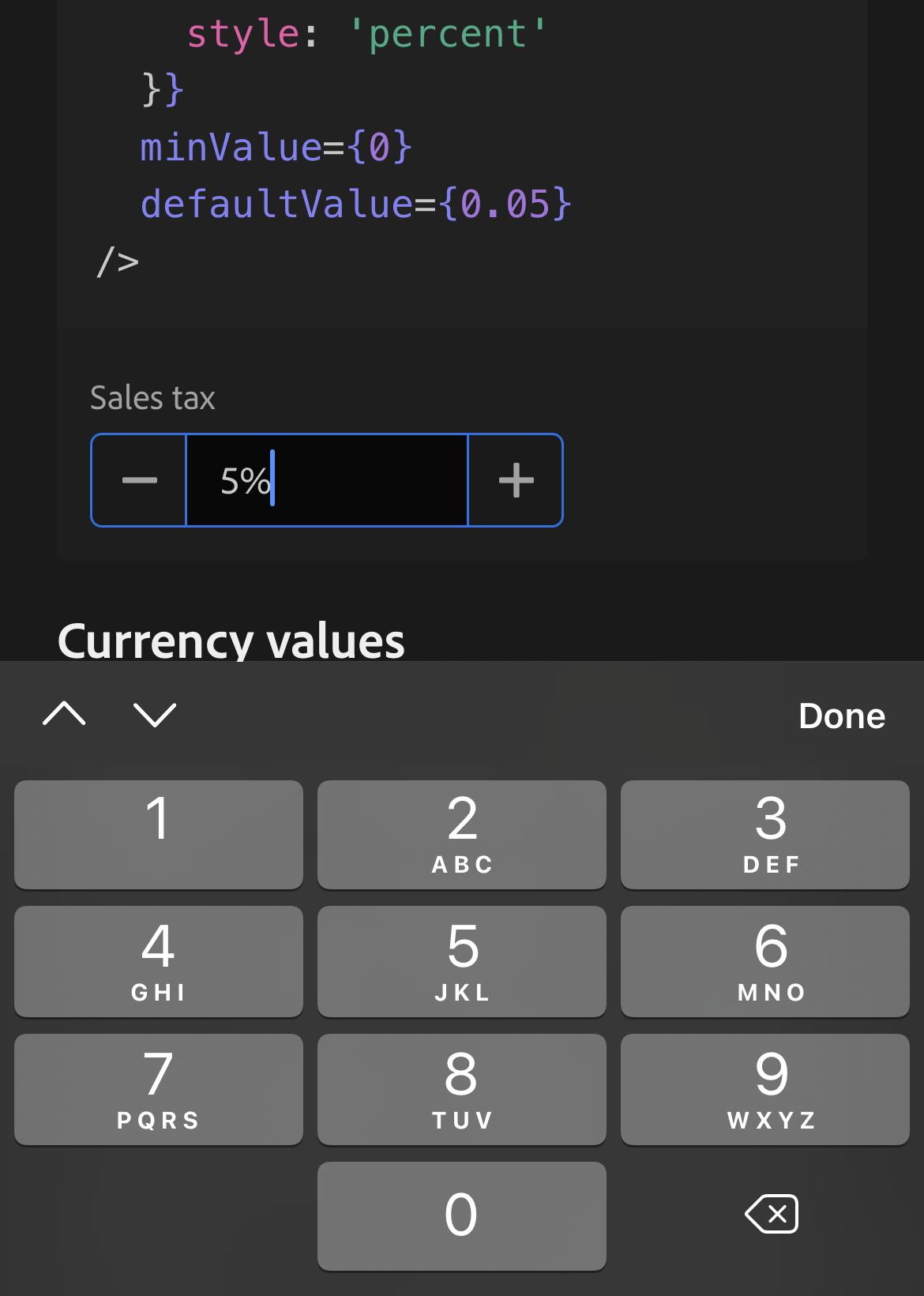 Iphone screenshot of example NumberField inputMode="numeric"