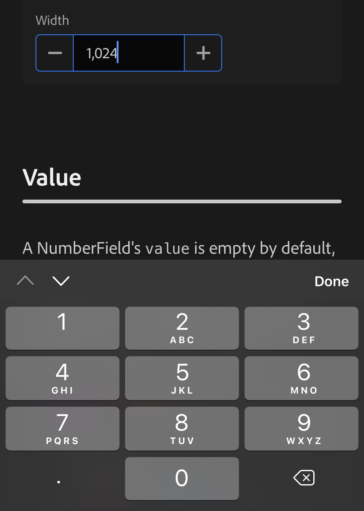 Iphone screenshot of example NumberField inputMode="decimal"