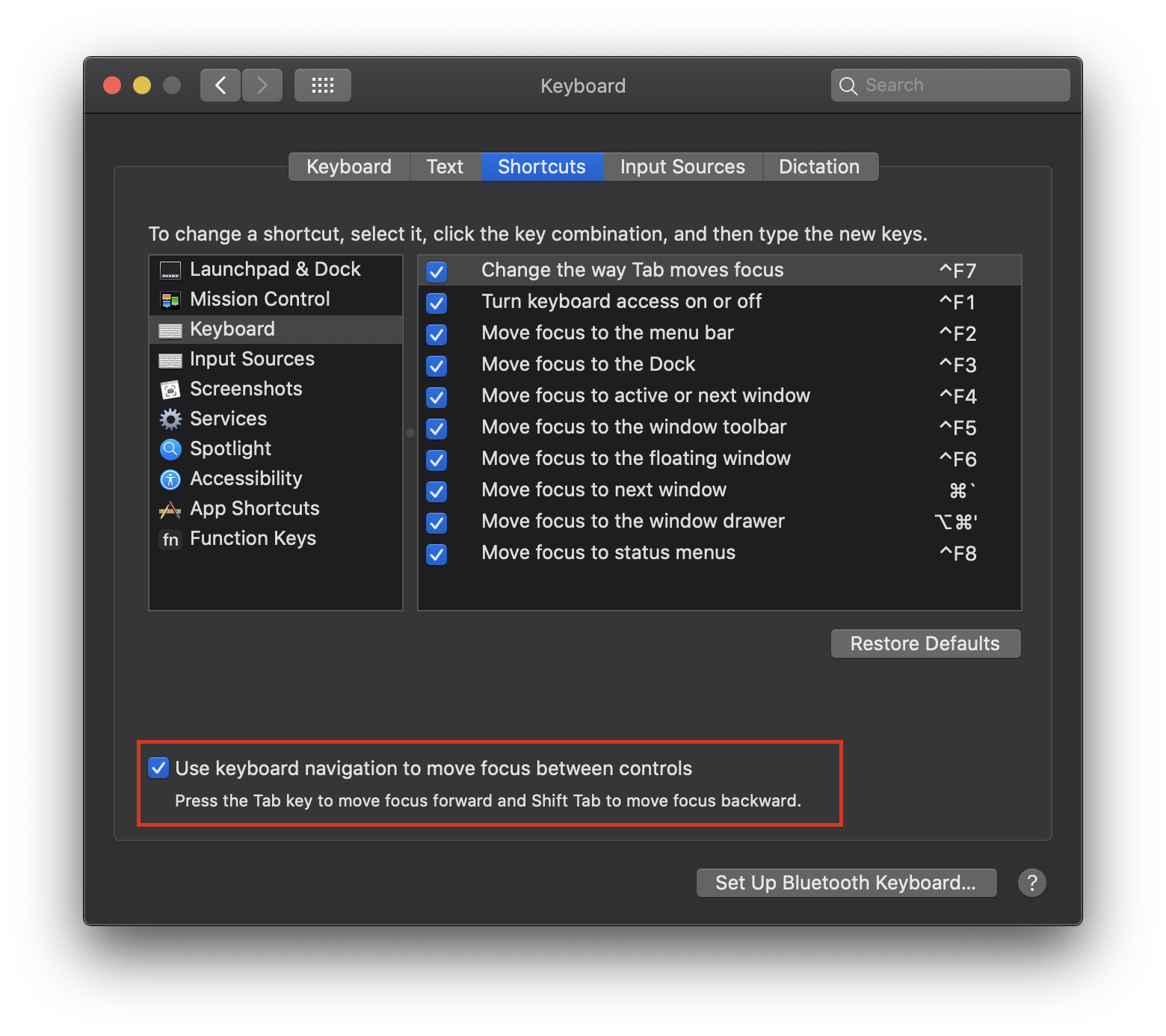 Screenshot of macOS keyboard system preferences